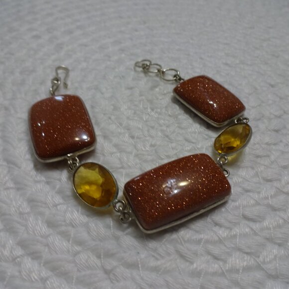 Sparkling GOLD SUNSTONE & CITRINE Handmade Sterling 925 Bracelet #704C - Picture 2 of 3